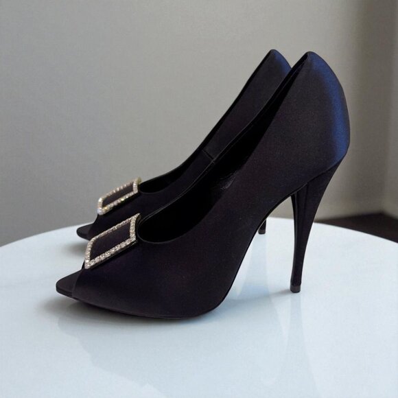 NIB Authentic Saint Laurent Black Frankly 115 Satin Peep Pump Sandals - Picture 12 of 16